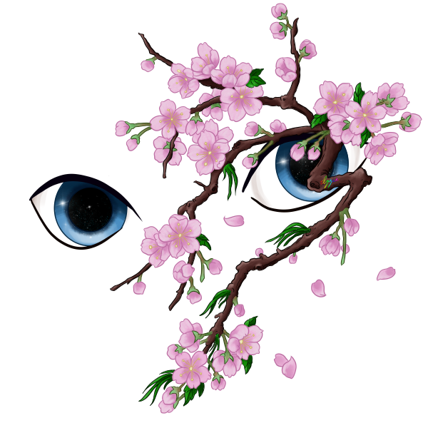 A pair of blue eyes on a
                  transparent background peeking out from behind a spray
                  of sakura blossoms on branches.